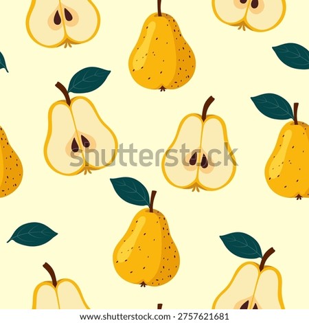 Seamless pattern with yellow pears and sliced pears with green leaves in modern flat design style on soft pastel background