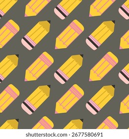 Seamless pattern with yellow pencil on grey background. Vector illustration