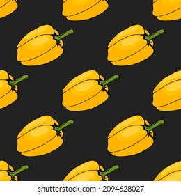 Seamless pattern with yellow peppers on black background. Vector image. 