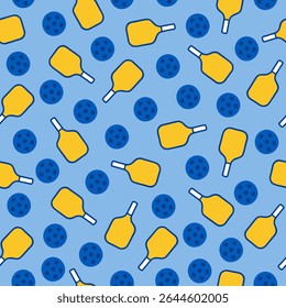 Padrão sem costura de pás amarelas de pickleball e bolas azuis perfuradas no fundo azul.