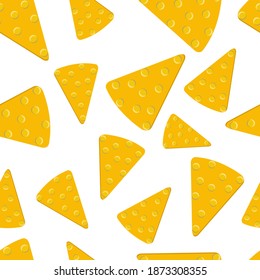 Seamless pattern with yellow pieces of cheese with holes on a white background for fashion prints, fabrics, wrapping paper, textiles, linen. Vector illustration.