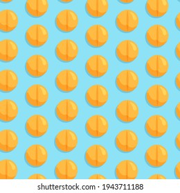 Patrón sin brillo con pastillas amarillas sobre fondo azul. Símbolos médicos, farmacéuticos. Ilustración vectorial.