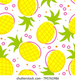 Seamless pattern with yellow pineapple and pink circles on a white background. Original design for printing on fabrics, children's and summer clothes, dishes and other surfaces.