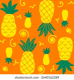 Seamless pattern with yellow pineapples with green leaves  on orange background with yellow funny elements. Could be used as print or wallpaper, textile, card, wrapping paper.