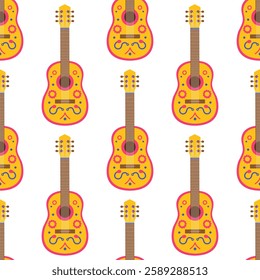 Seamless pattern with yellow and pink acoustic guitar on white background. String music instrument. Mexican or brazilian traditional party. Vector flat illustration for wallpaper, textile, packaging