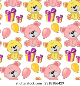 Nahtloses Muster mit gelben und rosa Bären unterschiedlicher Größe. Cartoon süße Bären mit Geschenken und Ballons. Druck auf Textilien und Papier. Geschenkverpackung für den Urlaub