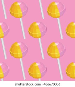 Seamless Pattern with Yellow and Pink Colored Lollipops on Pink Background. Vector Low Poly  Illustration. Print for Wrapping Paper Fabric and Wallpapers.