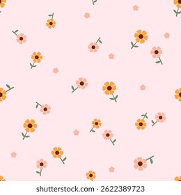 Seamless pattern with yellow and pink flower on pink background vector. Cute floral print.