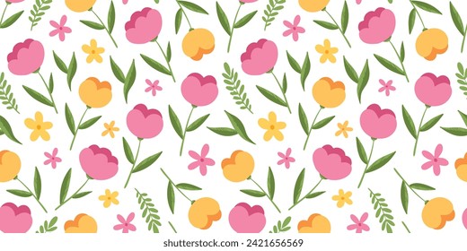 Nahtloses Muster mit gelben, rosafarbenen Blumen und grünen Blättern auf weißem Hintergrund, perfekt zum Verpacken von Papier, Geschenken und Karten. Handgezeichnete Federtextilien