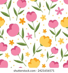 Seamless pattern with yellow, pink flowers and green leaves on white background, perfect for wrapping paper, gifts, cards. Hand drawn spring textile design