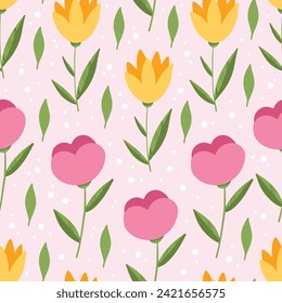 Nahtloses Muster mit gelben, rosafarbenen Blumen und grünen Blättern auf weißem Hintergrund, perfekt zum Verpacken von Papier, Geschenken und Karten. Handgezeichnete Federtextilien