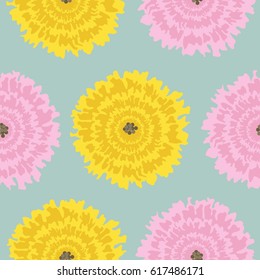 Seamless pattern with yellow and pink flowers on a blue background. It can be used for packing of gifts, tiles fabrics backgrounds. Vector illustration.
