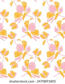 Seamless pattern with yellow, pink  lilies and peonies on a white background. Surface design. Texture for fabric, wallpaper, paper. Vector illustration.