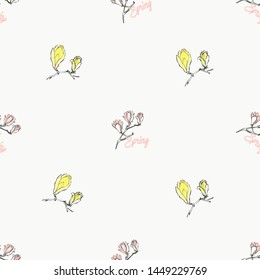 Seamless pattern with yellow and pink magnolia flowers in vintage style on white background. Hand drawing watercolor pattern.