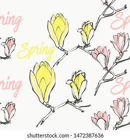 Seamless pattern with yellow and pink magnolia flowers in vintage style on white background. Hand drawing watercolor pattern.