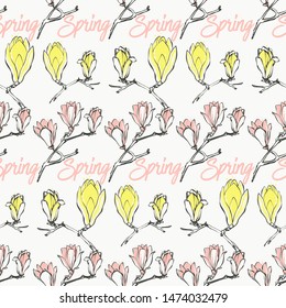 Seamless pattern with yellow and pink magnolia flowers in vintage style on white background. Hand drawing watercolor pattern.