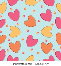 Patrón sin foco con dibujos animados amarillos, rosados y anaranjados, corazones y círculos bonitos. Puede utilizarse como impresión para tejidos, envolturas y más