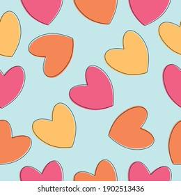 Seamless pattern with yellow, pink and orange cartoons, cute hearts with outline. Can be used as a print on fabrics, wrappers, etc.