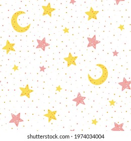 Seamless pattern with yellow and pink stars and the moon on a white background.