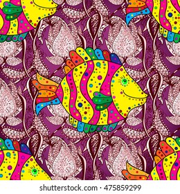 Seamless pattern with yellow and pink stripes fish with doodles elements on a lilac floral background. Vector illustration