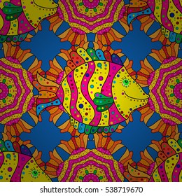 Seamless pattern with yellow and pink stripes fish with doodles elements on a blue background. Radial gradient shape. Vector illustration