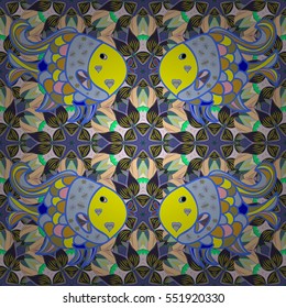 Seamless pattern with yellow and pink stripes fish with doodles elements on a blue background. Radial gradient shape. Vector illustration