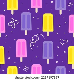 seamless pattern with yellow, pink, violet fruit ice, ice-cream colors with one line heart, flowers