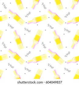 Seamless pattern with yellow and pink wine bottles in hand drawn style on white background.
