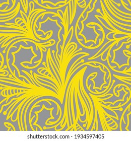 SEAMLESS PATTERN WITH YELLOW PLANT ELEMENTS ON A GRAY BACKGROUND IN THE VECTOR