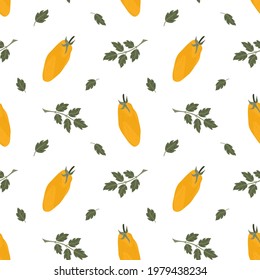 Seamless pattern with yellow plum tomatoes and leaves. White background. Flat style. For prints, backgrounds, wrapping paper, textile, wallpaper, etc. 