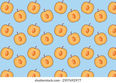 Seamless pattern of yellow plums with seeds on a blue background. Bright and playful vector style, ideal for healthy food packaging and summer-themed products.