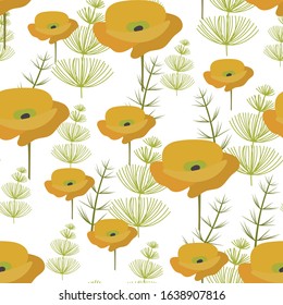Seamless pattern. yellow poppy Flowers and green herbaceous plants. Vector background, suitable for fabric, textiles, bedding, covers.