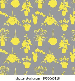 Seamless pattern with yellow potted tropical house plants silhouettes. On a gray background. Vector illustration.