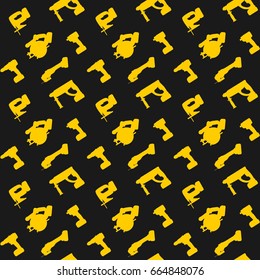 Seamless pattern yellow power tools on dark background