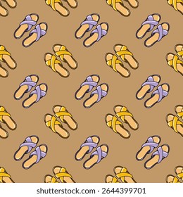 Seamless pattern with yellow and purple crisscross slippers on brown background. Summer shoes. Cartoon style vector 