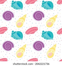 seamless pattern with yellow, purple, pink and blue seashells on a white background with corolfull dots. underwater world.