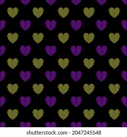seamless pattern. yellow purple straight lines of geometric hearts For Valentine's Day, Wedding, Love. On a black background. vector illustration