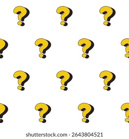 Seamless pattern of yellow question mark icons with bold black outlines on white background. Perfect for quizzes, trivia, FAQ designs, playful themes, and educational materials