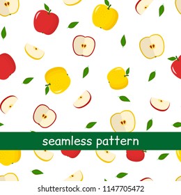 Seamless pattern of yellow and red apples and leaves on a white background. Vector illustration, a flat style.