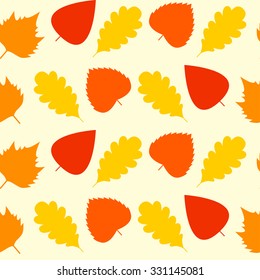 Seamless pattern of yellow and red autumn leaves on bright background. Vector illustration. Retro style, warm colors