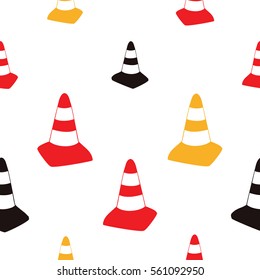 Seamless pattern with yellow, red, black traffic cone. Inspired by road, building machinery. Vector background for decoration children's room, invitations, website.