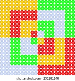 seamless pattern with yellow, red, blue and green dots on white background.