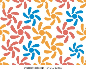 Seamless pattern of yellow, red and blue flowers. White background.