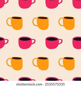 Seamless pattern. Yellow and red coffee cups. Graphic design. Hand drawn illustration.