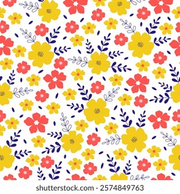 Seamless pattern with yellow and red flowers on white background. Cute hand drawn floral pattern for your fabric, summer background, wallpaper, backdrop, textile. Vector illustration