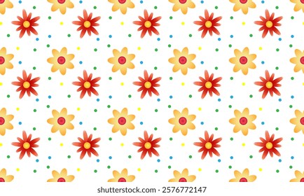 Seamless pattern of yellow and red flowers on a white background. For fabric design, packaging, wallpaper