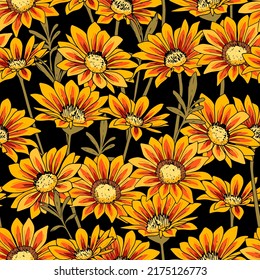 Patrón sin foco con flor de gazania amarilla y roja. Ilustración de la flor gaillardia botánica sobre fondo negro
