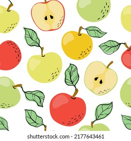 Seamless pattern with yellow, red and green apples and apple slices. Hand drawn apples pattern on white background. for fabric, drawing labels, print, wallpaper of children's room, fruit background