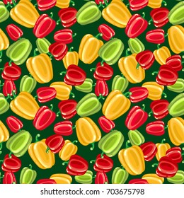 Seamless pattern with yellow, red and green bell peppers. Repeatable food background with fresh shining vegetables. Vector illustration.