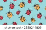 Seamless pattern with yellow and red ladybugs. Realistic ladybug on beige background. Vector.